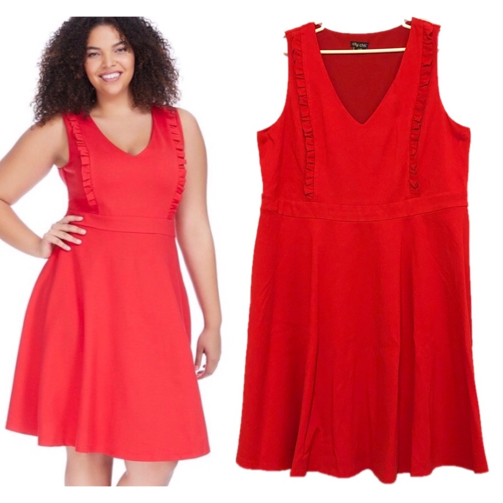 City Chic Ruffled Red Fit & Flare Spring Dress EUC